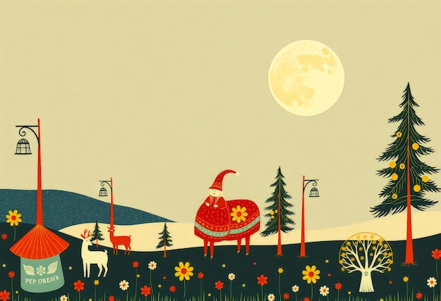 A whimsical illustration of a snowy landscape with a redclothed figure two deer and a full moon