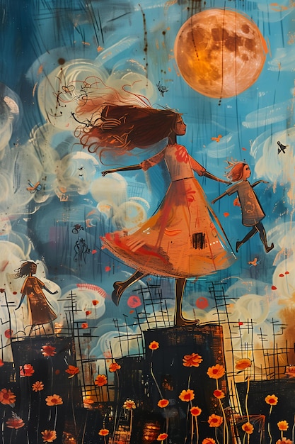 A whimsical illustration of three girls dancing in a field of flowers under a bright full moon