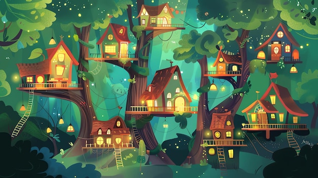 A whimsical illustration of a treehouse village nestled within a lush green forest at night