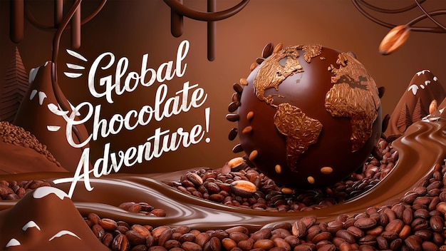 A whimsical illustration where a chocolatecovered globe floats amidst a sea of cocoa beans Around the globe chocolate rivers wind their way through chocolate forests