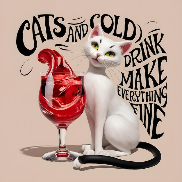 whimsical illustration of a white cat sitting elegantly beside a swirling red cold drink