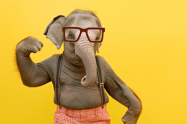 Photo whimsical image featuring an elephant wearing square glasses and suspenders against a vibrant yellow background exuding sophistication and humor