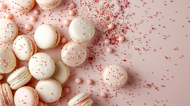 Whimsical image of a giant pastel macaron floating in a pastel hued sky with smaller macarons