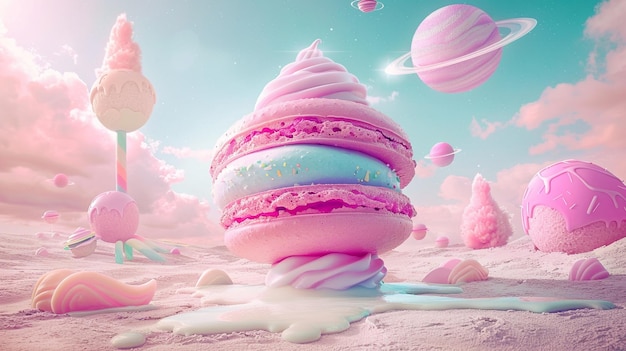 Whimsical image of a giant pastel macaron floating in a pastel hued sky with smaller macarons