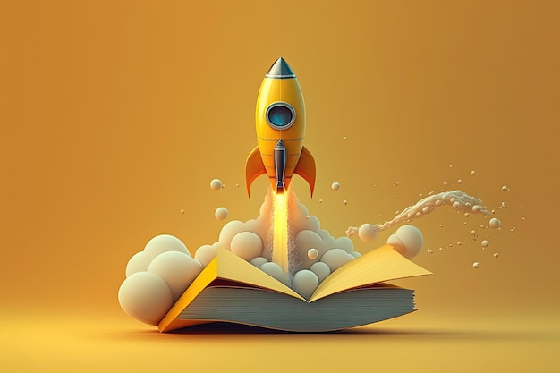 Whimsical and imaginative cartoonstyle toy rocket blasts off from book pages created by AI