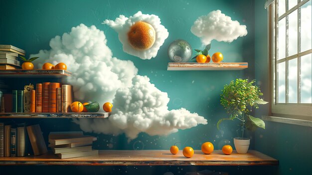 Photo whimsical indoor scene featuring floating clouds and oranges on shelves by the window