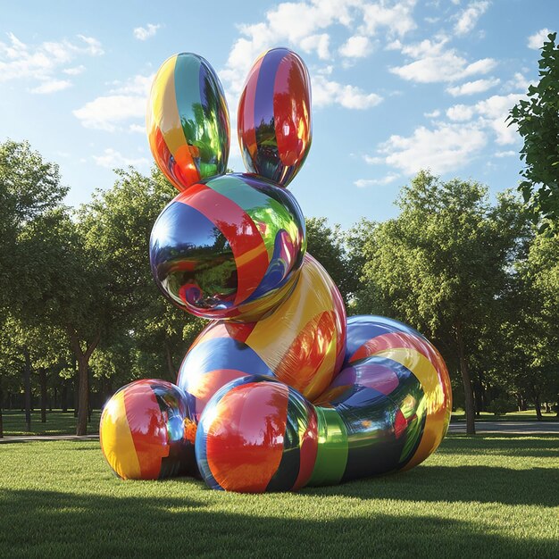 Photo a whimsical inflated balloon animal on a brightly colored and glittery garden backdrop