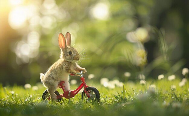 Whimsical Journey Adorable bunny rides a small red bike among lush greenery