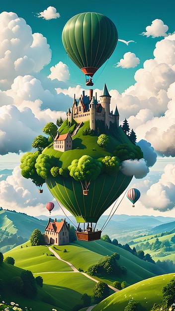 A whimsical journey through a cloudscape library Lush green hills rise from the clouds dotted with t