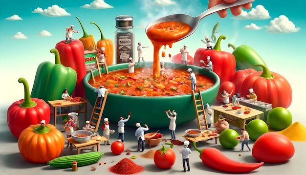 Whimsical kitchen scene with cartoonish chefs joyfully preparing a gigantic bowl of steaming salsa