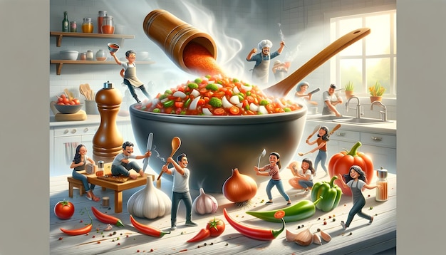 Whimsical kitchen scene with cartoonish chefs joyfully preparing a gigantic bowl of steaming salsa