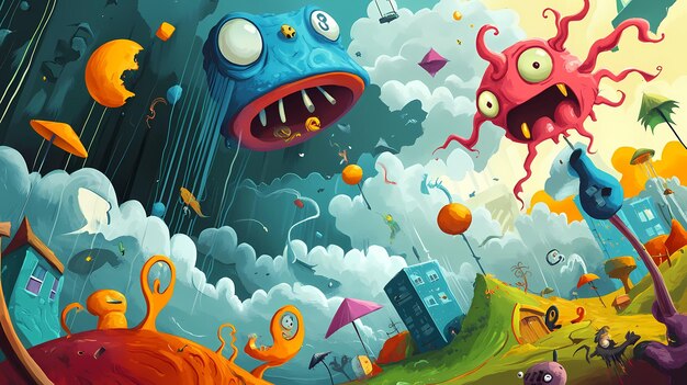 Photo a whimsical landscape featuring colorful monsters surreal elements and playful architecture