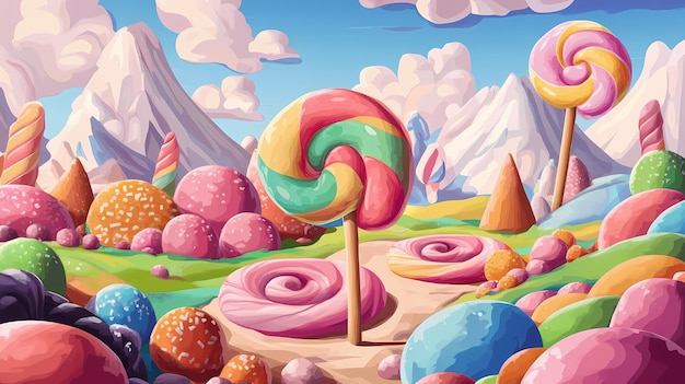 Photo a whimsical landscape filled with colorful candy lollipop trees and candy mountains under a bright blue sky