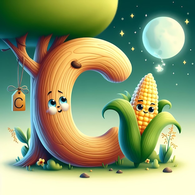 Whimsical Letter C with Corn Character Under Moonlight