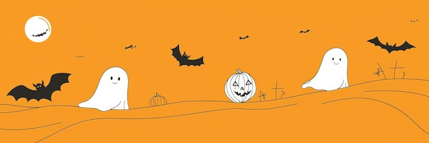 Photo a whimsical line art illustration depicting a halloween night scene with ghosts bats a jacko