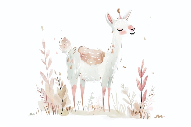 Whimsical Llama in Watercolor Meadow