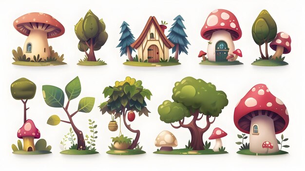 Whimsical Miniature Cottages and Mushrooms in a Lush Green Fantasy Forest Landscape