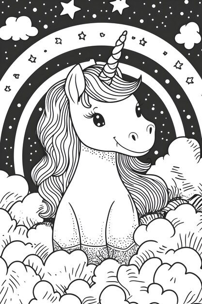 Photo whimsical monochrome unicorn with rainbow and clouds in coloring book style