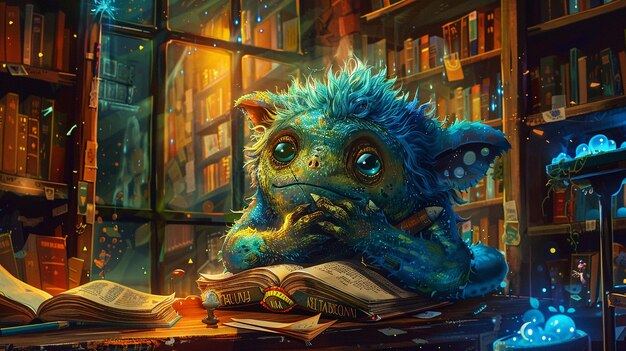 Whimsical monster studying in a colorful enchanting library