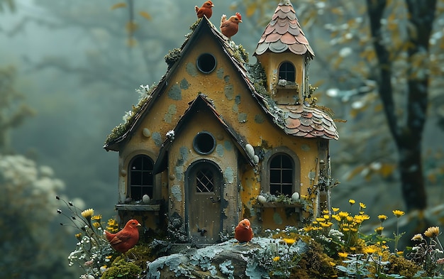 A whimsical mosscovered cottage with a redroof and birds perched on the roof surrounded by a misty forest