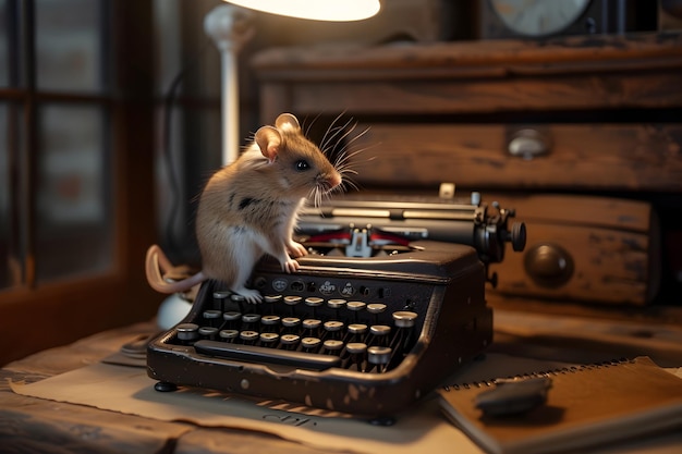 Whimsical Mouse on Typewriter in Home Office