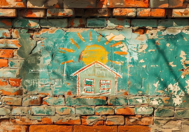 Whimsical mural A childs house and sun rendered in a playful vintage style with a green blue orange