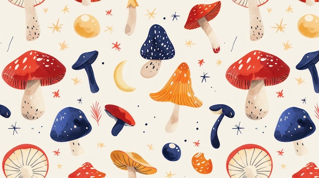 Whimsical Mushroom Pattern with Stars and Moon