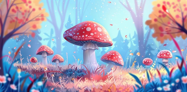 Whimsical Mushroom Wonderland A charming and adorable mushroom background featuring various cute mushrooms in a