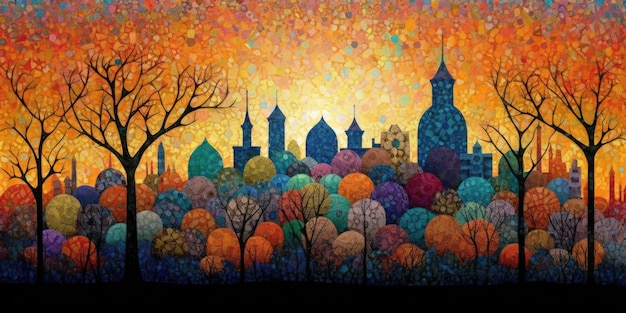 Whimsical NeoImpressionist Skyline Painting