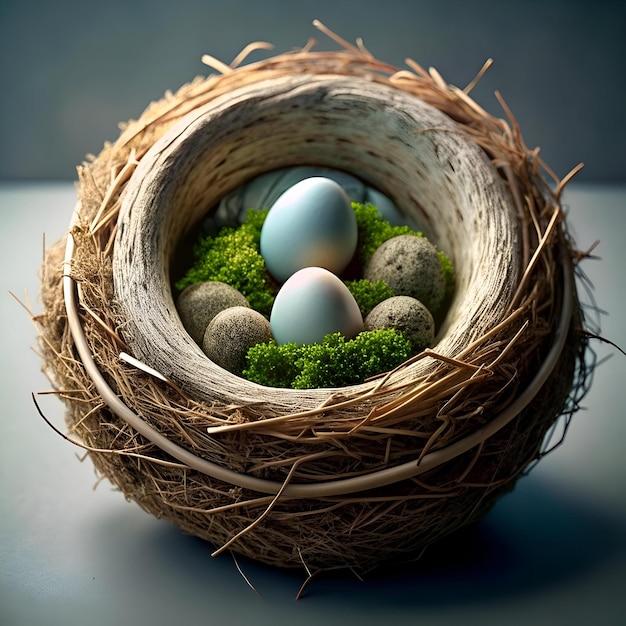 A whimsical nest with delicate blue eggs nestled in a bed of soft moss and surrounded by rustic stones