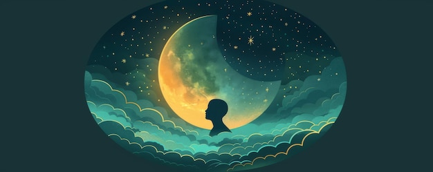 Whimsical night sky illustration with a silhouette of a person against a crescent moon and starry sky