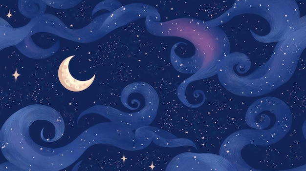 A whimsical night sky with a crescent moon and stars