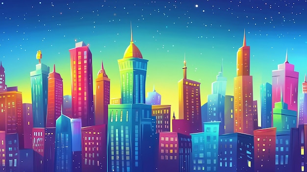 Whimsical Nighttime City Skyline Painting