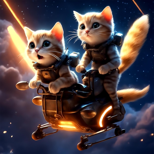 Whimsical Nocturnal Journey Adorable Cats and Flying Squirrel Soar Amidst Moonlit Skies