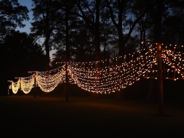 Photo whimsical outdoor feast under warm string lights creating an inviting evening atmosphere