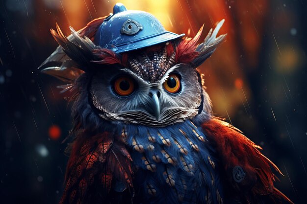 Photo whimsical owl in firefighter helmet