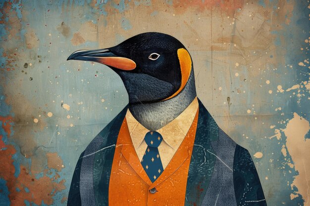 Photo whimsical painting of a penguin dressed in a sharp suit