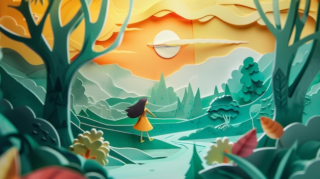 A whimsical paper art scene featuring a person with an umbrella vibrant flora and birds against