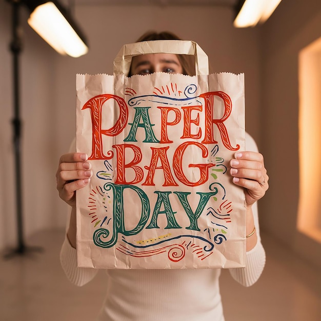 Whimsical Paper Bag Day Portrait Playful typography vibrant colors chic studio ambiance