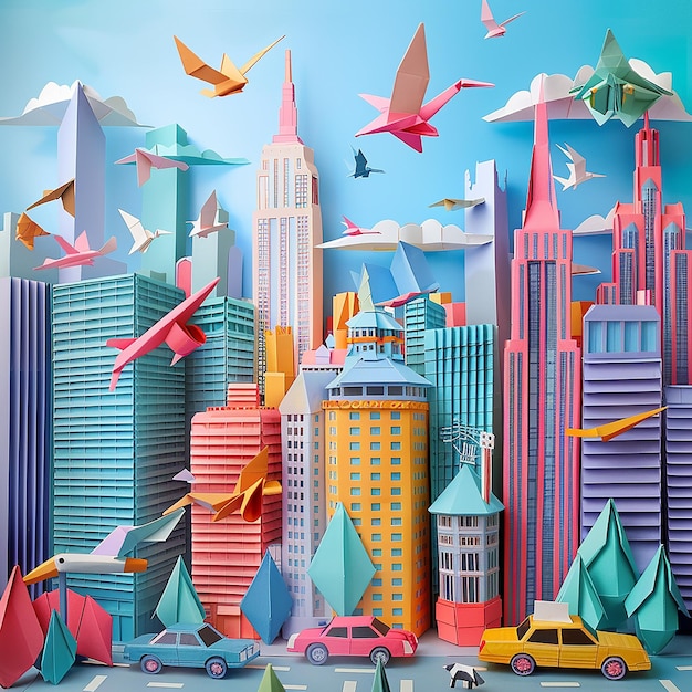 Photo a whimsical paper city landscape towering skyscrapers made of folded paper cars made of origami p