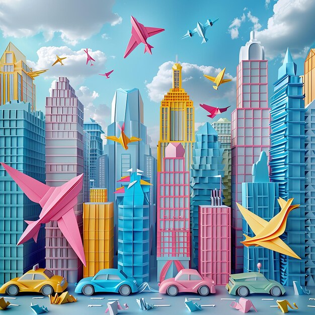 Photo a whimsical paper city landscape towering skyscrapers made of folded paper cars made of origami p