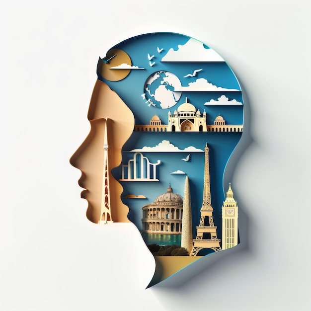 Photo whimsical paper cut of famous global landmarks forming a human face portrait