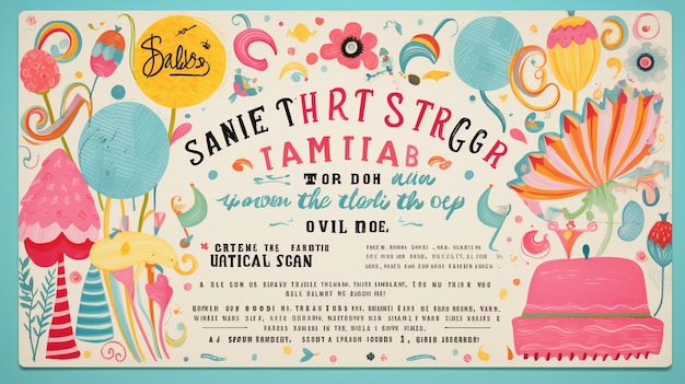 A whimsical party invitation with playful illustrations fun fonts and bright colors setting the tone for a fun event