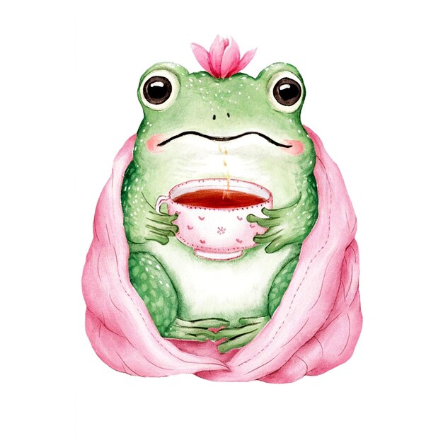 Photo whimsical pastel frog sipping tea enchantment and delightful illustration