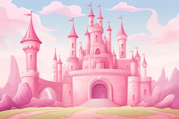 Whimsical PastelToned Cartoon Castle in Dreamy Pink Generative Ai