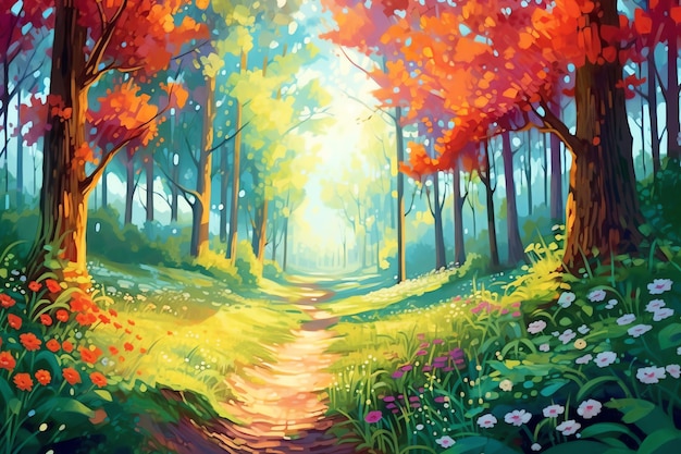 A whimsical pathway meandering through a forest