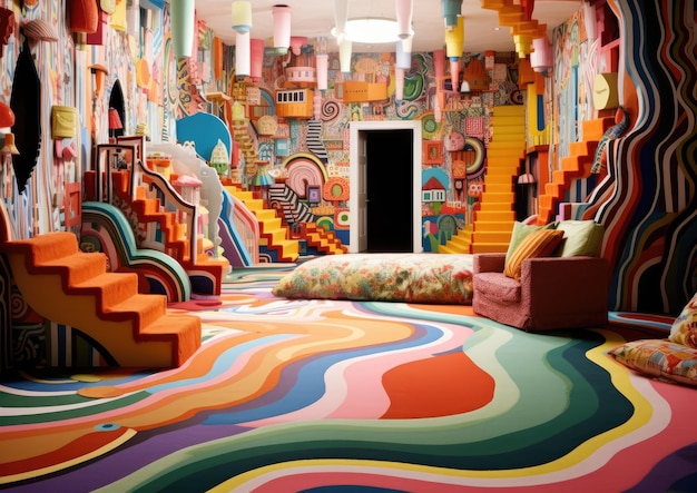 A whimsical patterned carpet design in a playful room