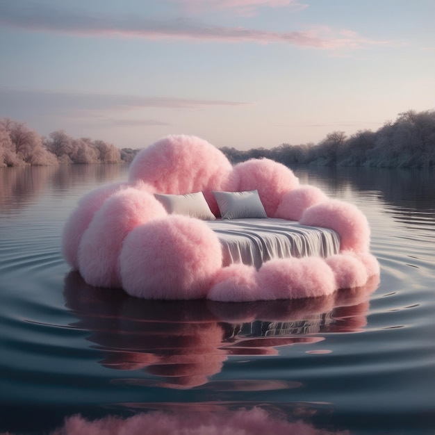 Photo a whimsical pink cloud bed floating serenely on a tranquil lake at dawn generative ai