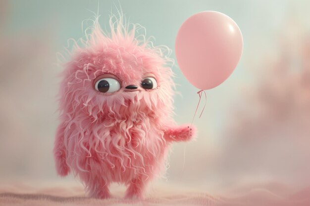 Photo whimsical pink furry creature with large eyes and pink balloon