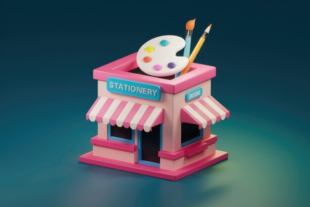 A Whimsical Pink Stationery Shop with a Paintbrush and Pencil Atop